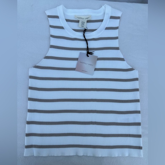 Happily Grey Tops - Happily Grey Striped Tank Top - White and Tan # A1